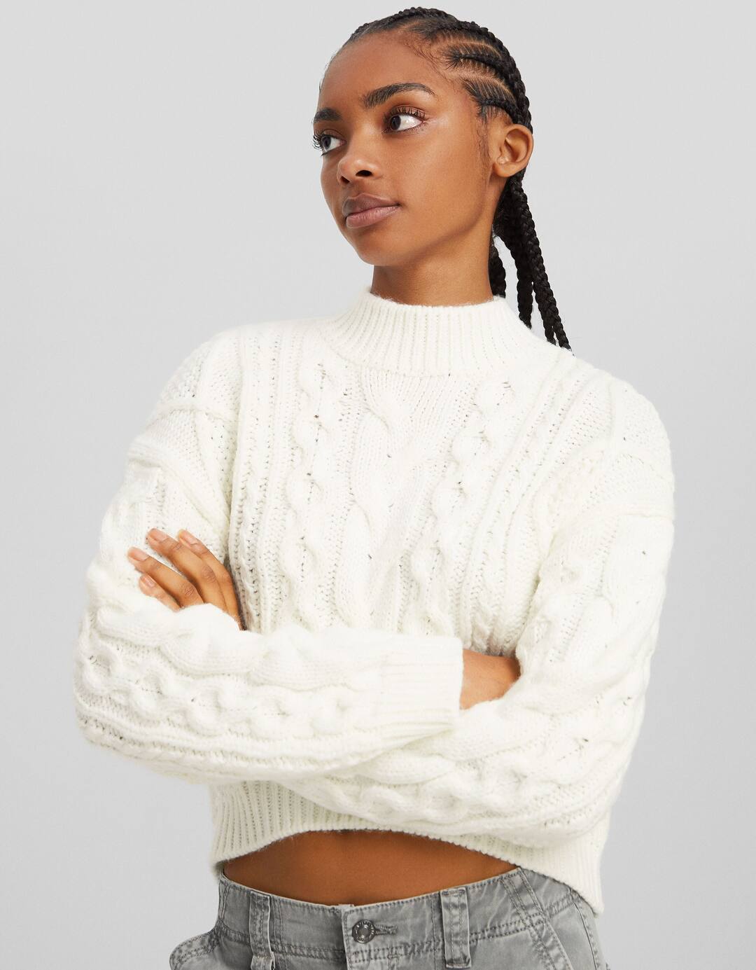 High neck cable-knit sweater