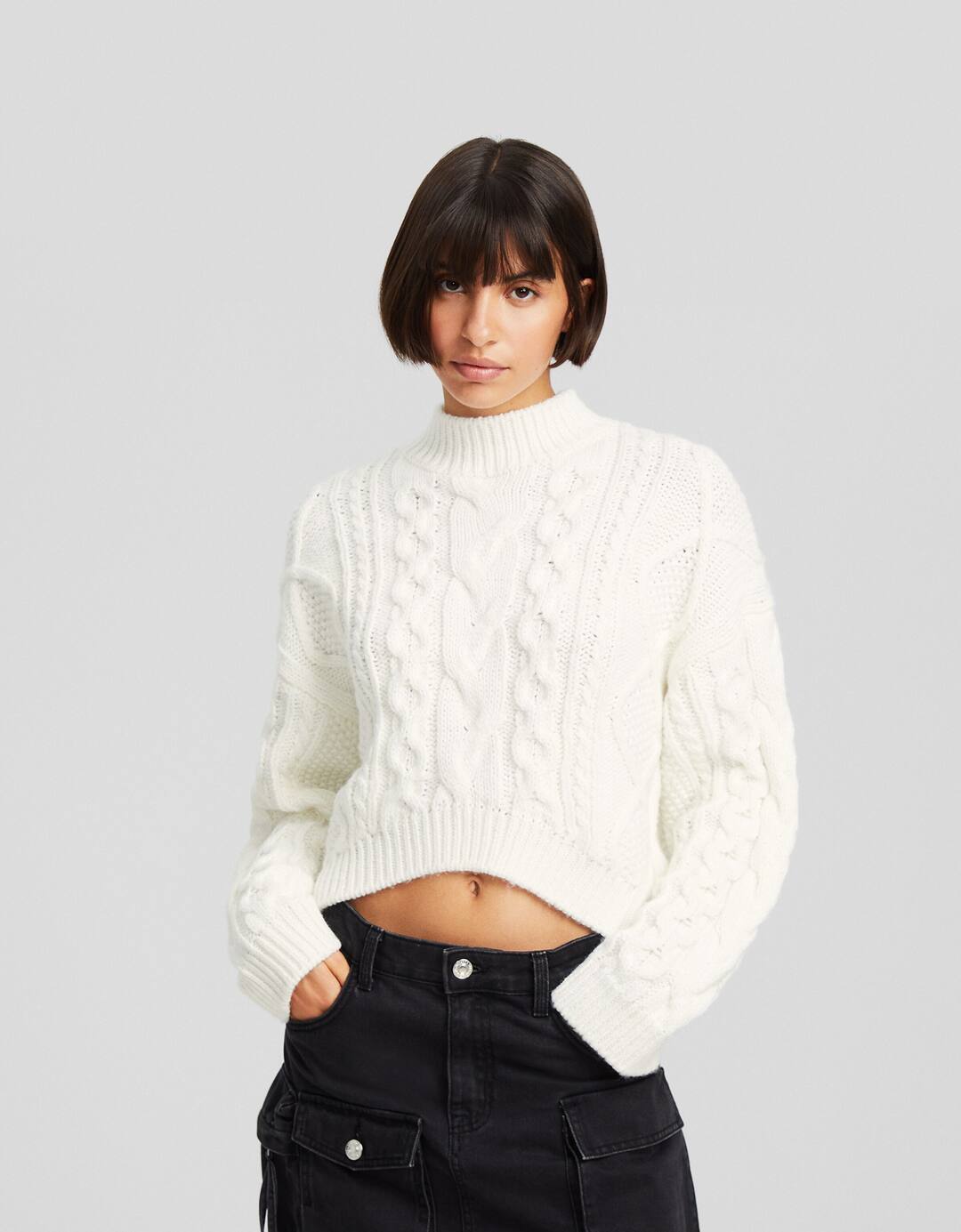 High neck cable-knit sweater