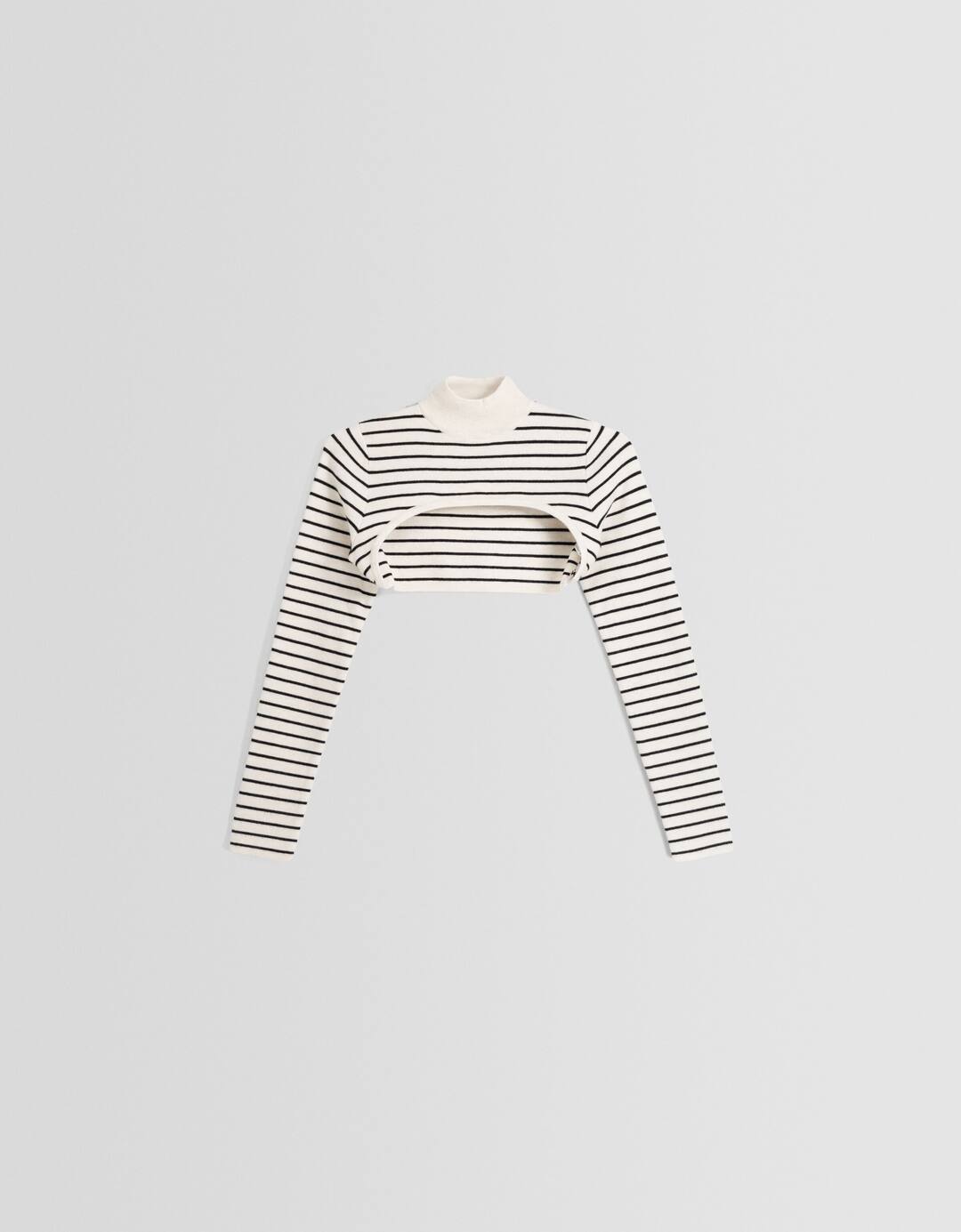 Pull manchettes cropped col roulé rayures