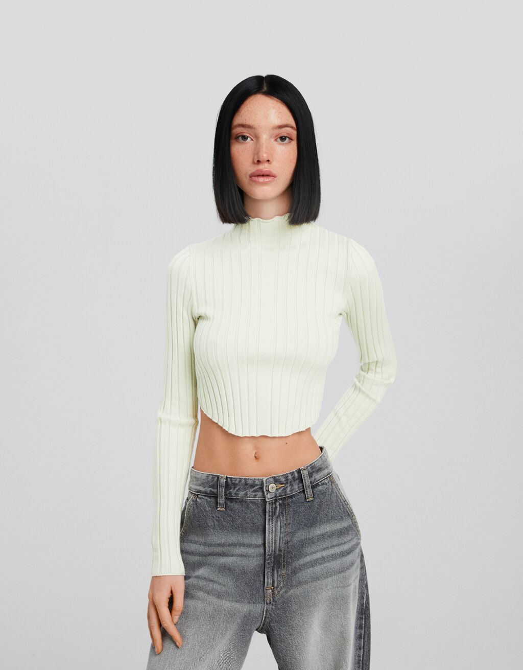 Women Ribbed White Pullover with Mock Turtleneck