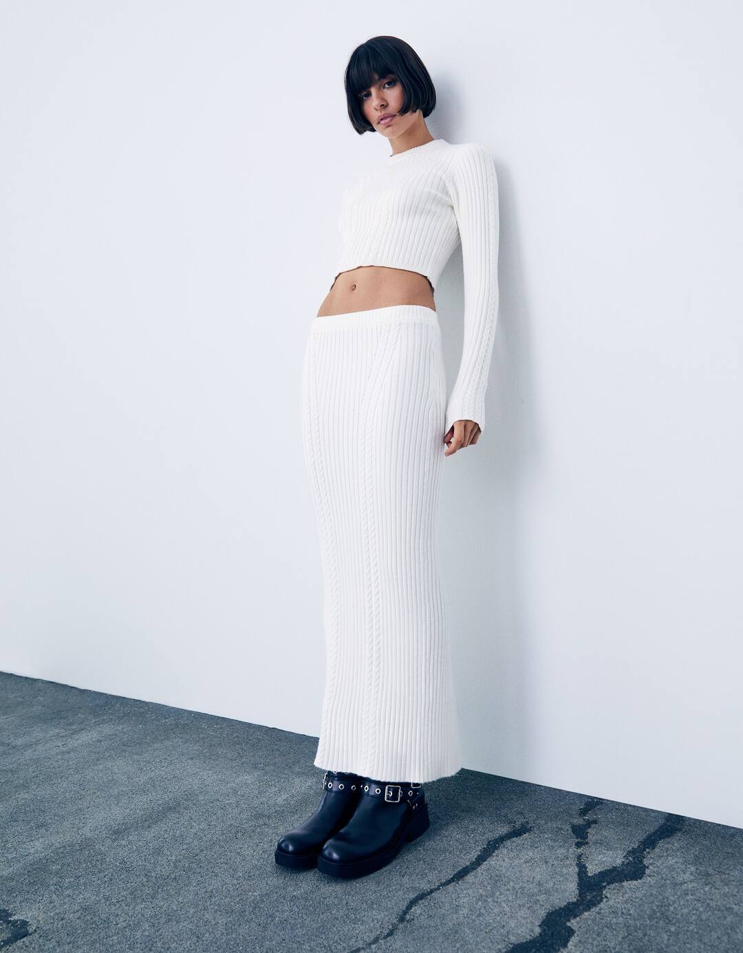 High neck ribbed cable-knit sweater