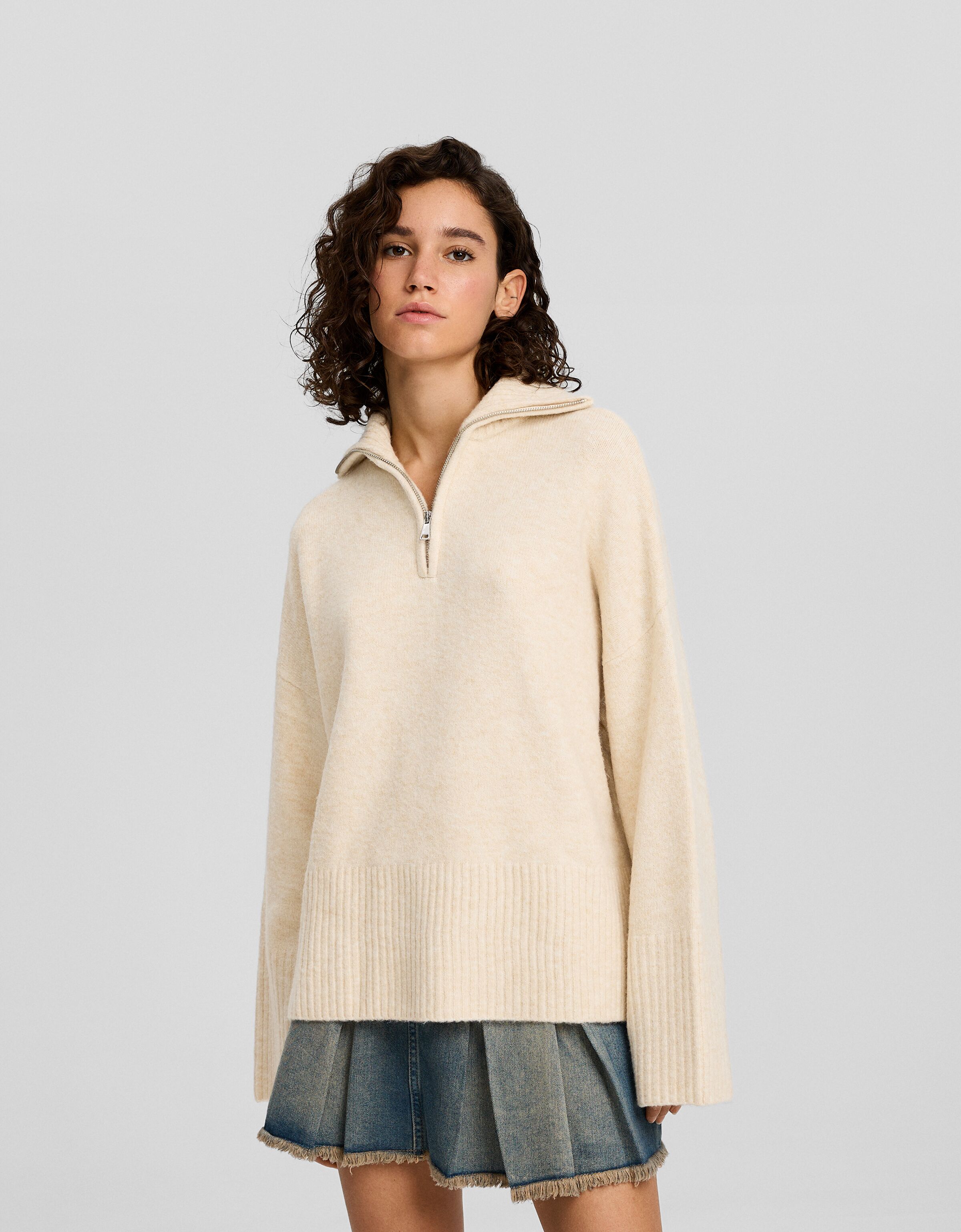 Pull col roulé fermeture Éclair-Sable-0