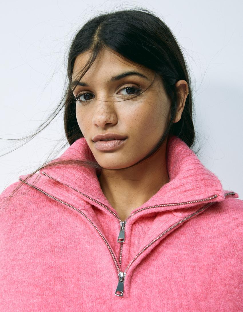 Pull col roulé fermeture Éclair-Rose-2