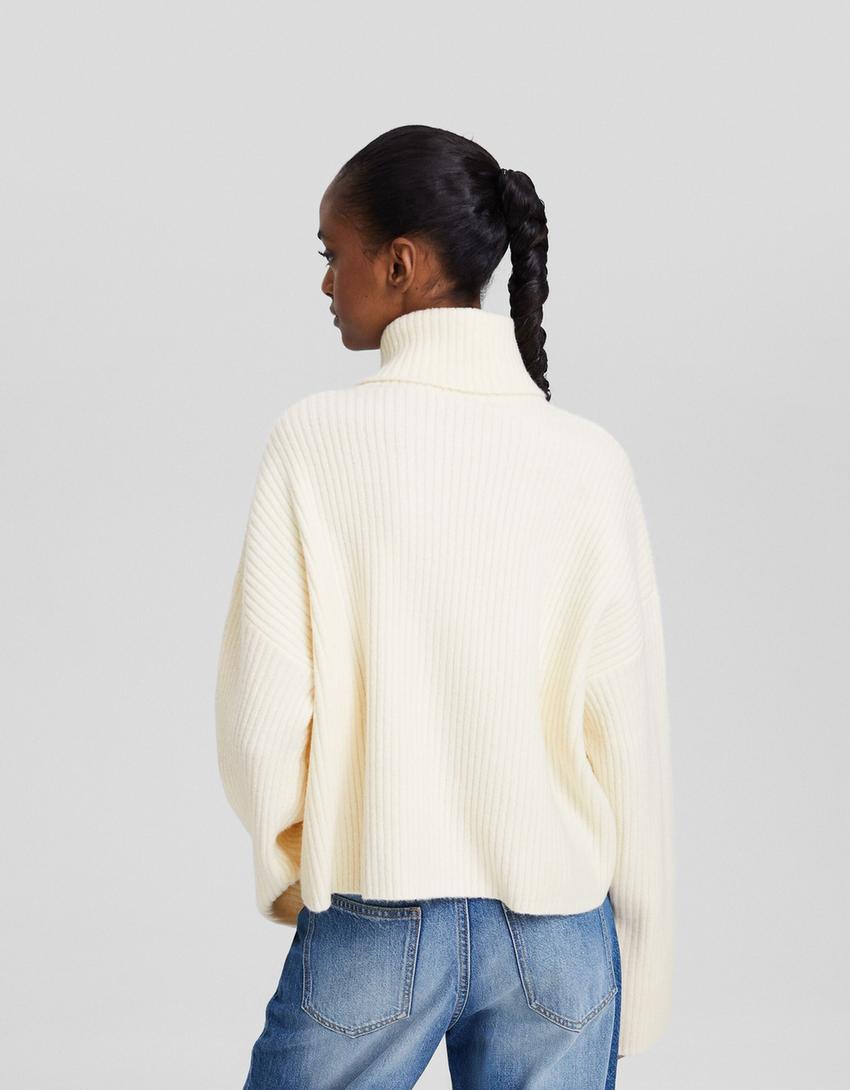 High neck ribbed sweater-Cream-1