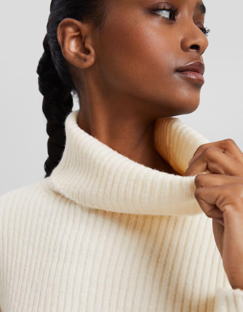High neck ribbed sweater-Cream-2