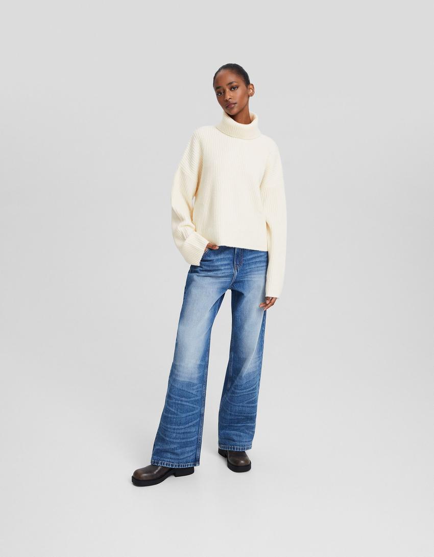 High neck ribbed sweater-Cream-3