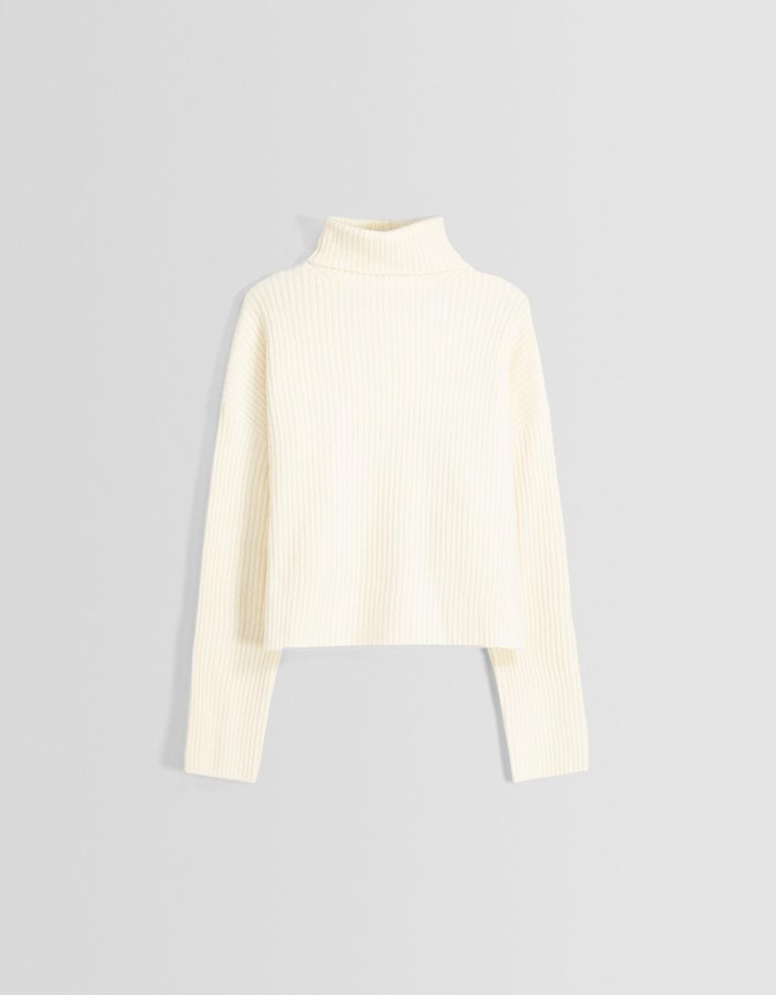High neck ribbed sweater-Cream-4