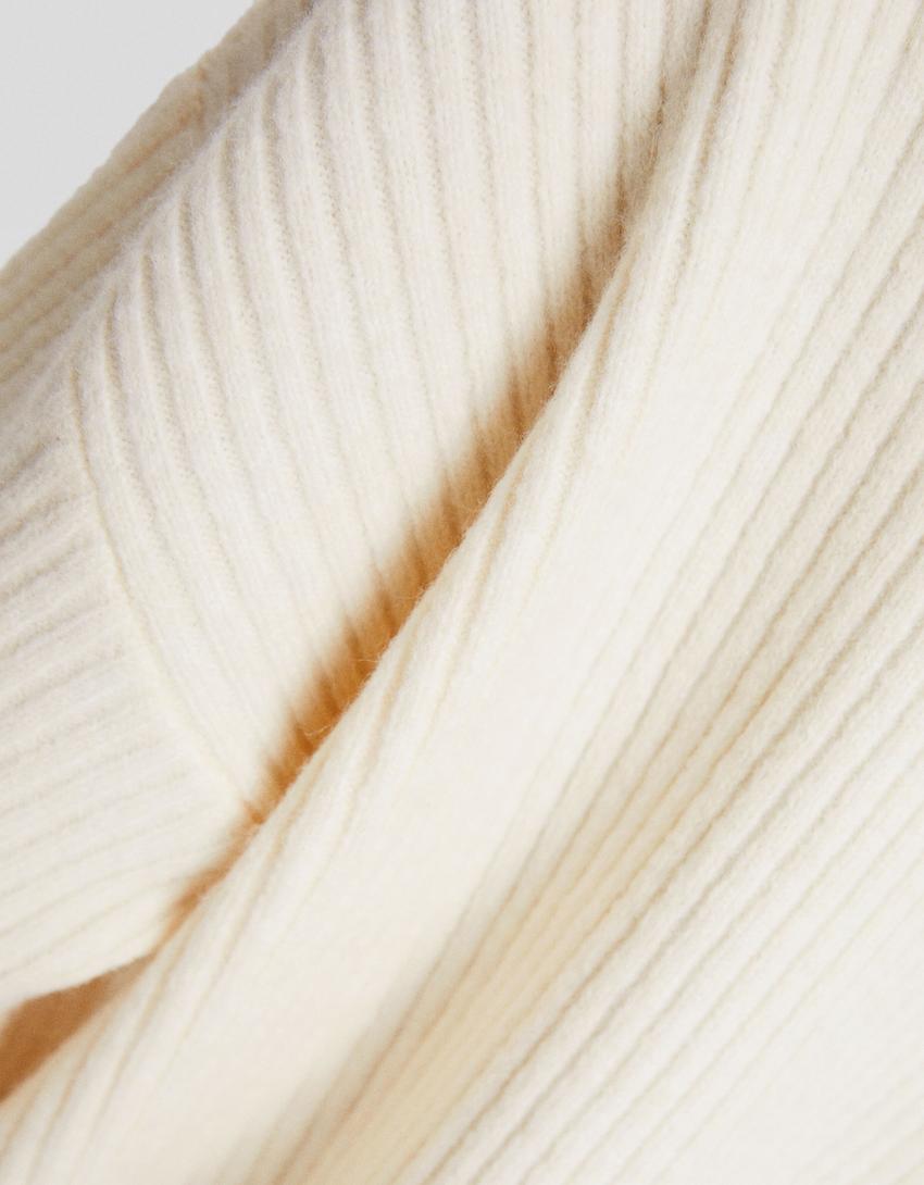 High neck ribbed sweater-Cream-5