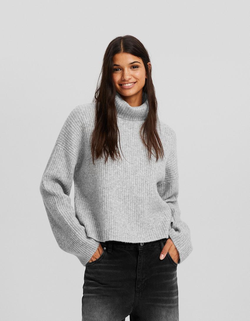 High neck ribbed sweater-Grey-0