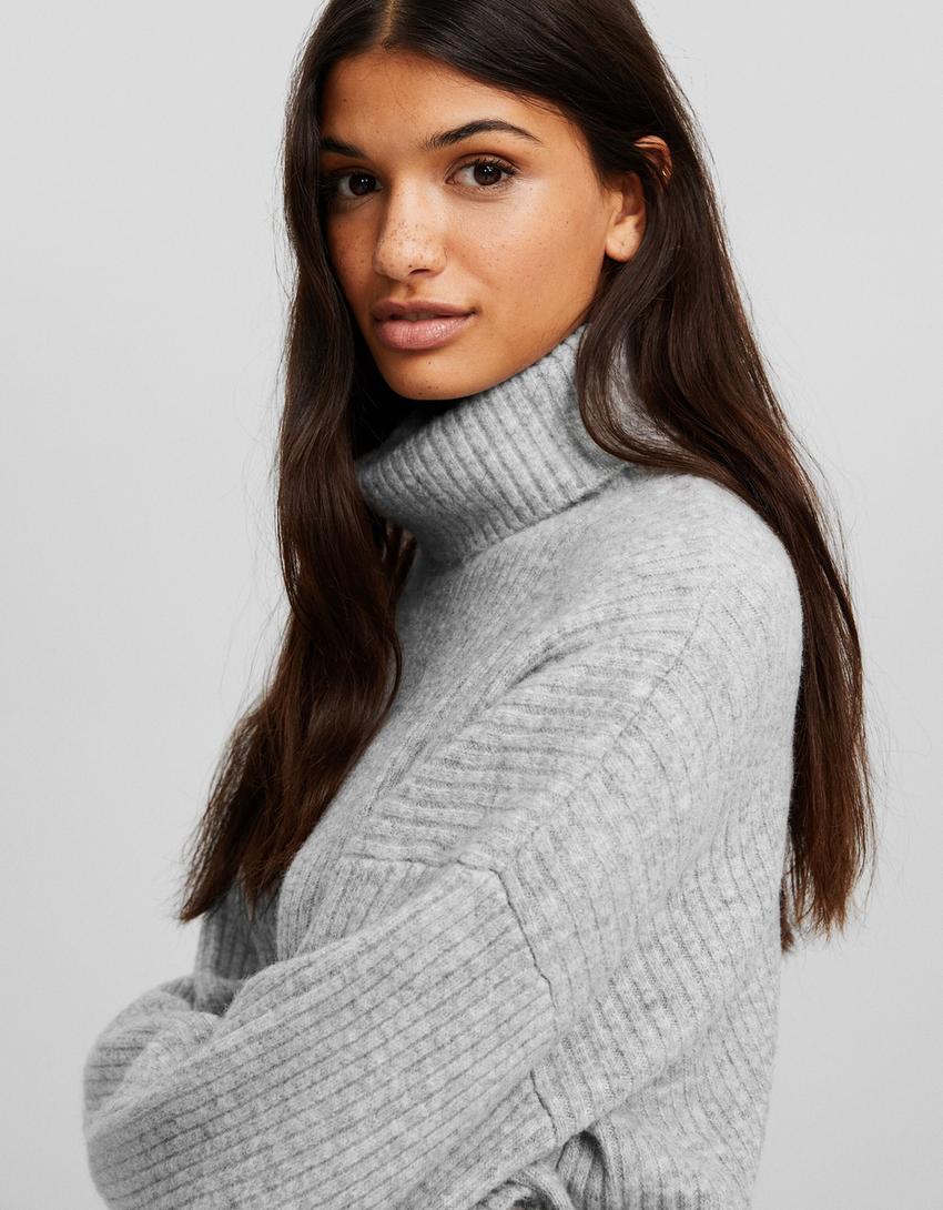 High neck ribbed sweater-Grey-2