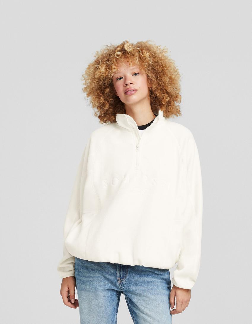 سويت شيرت فليس مطرز بسحّاب-بيج-0