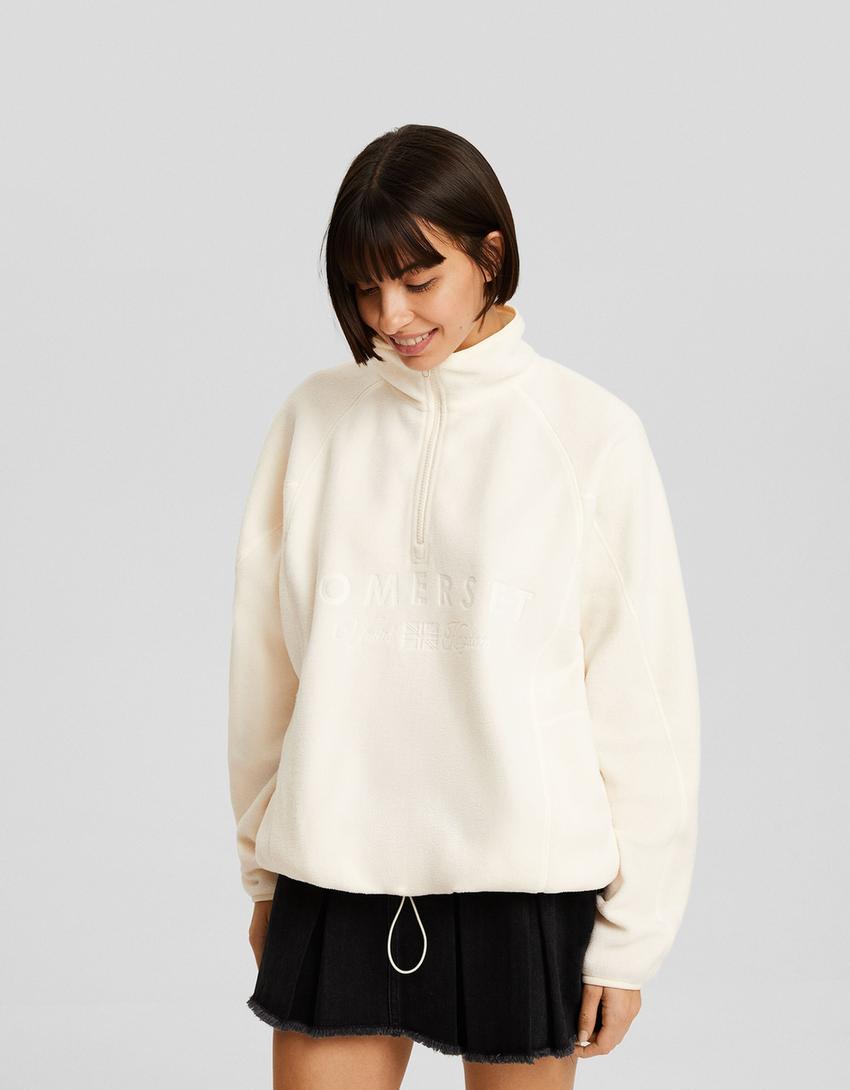 سويت شيرت فليس مطرز بسحّاب-بيج-0