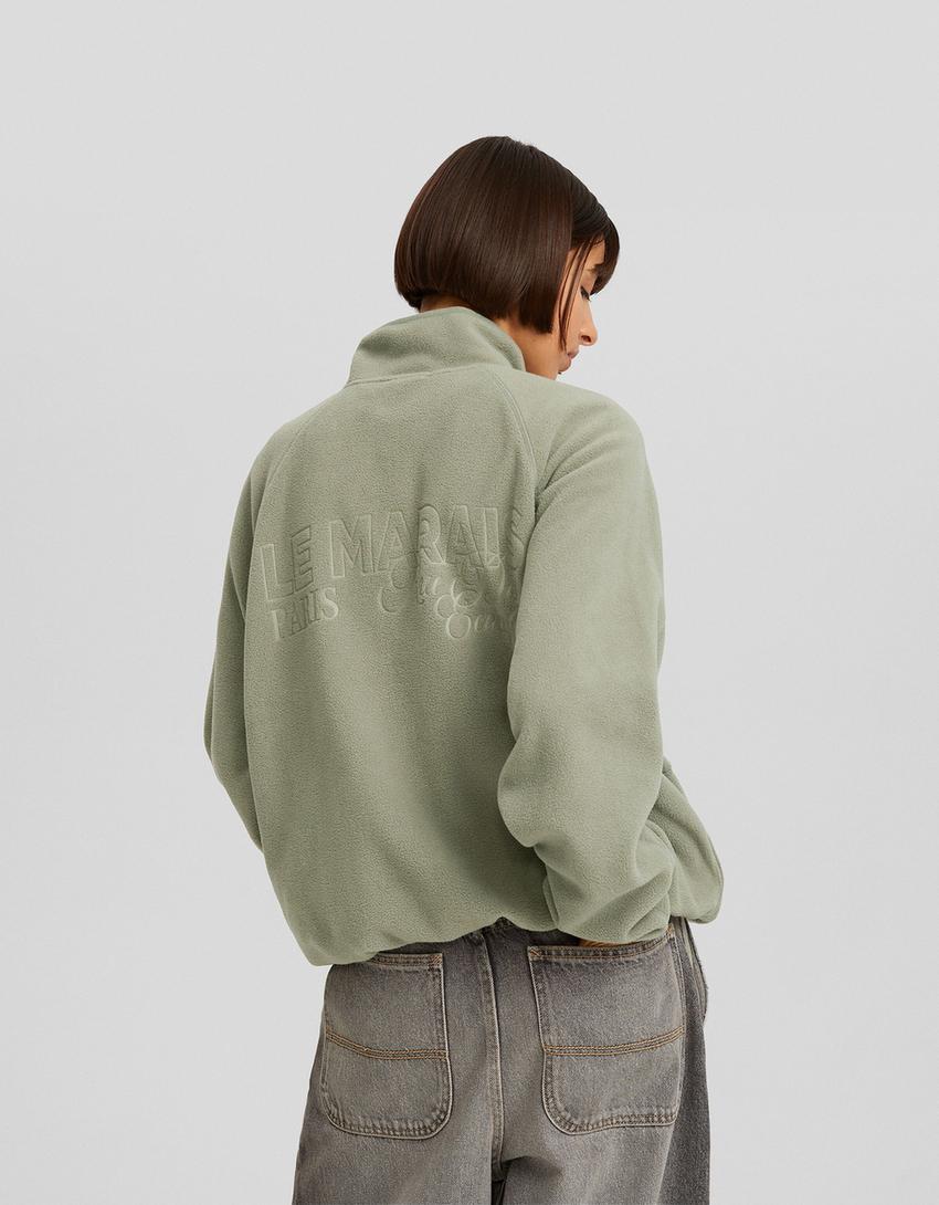 سويت شيرت فليس مطرز بسحّاب-كاكي-1