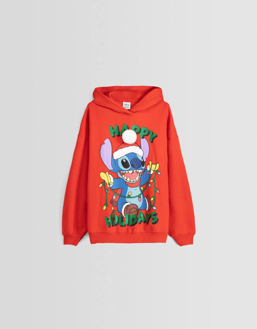Stitch print hoodie-Red-4