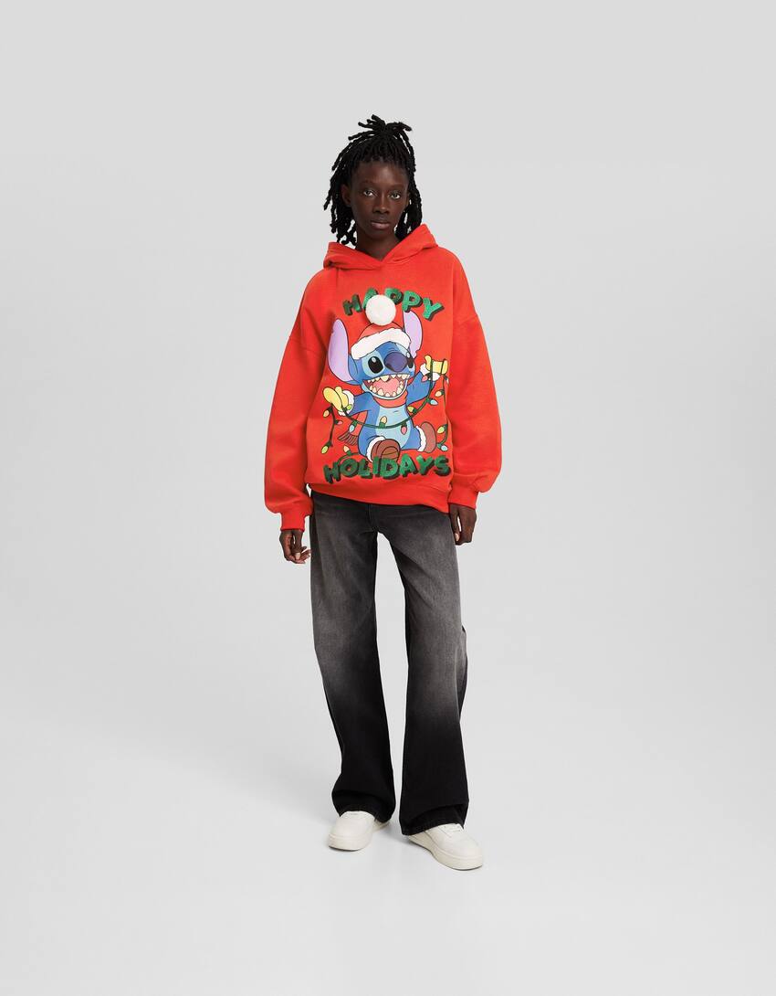 Stitch print hoodie-Red-3