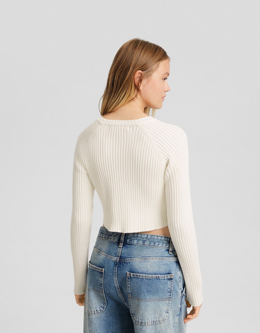 Sweater com algodão malha nervuras-Cru-1