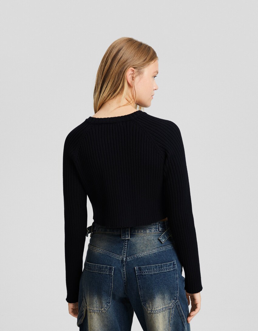 Sweater com algodão malha nervuras-Preto-1