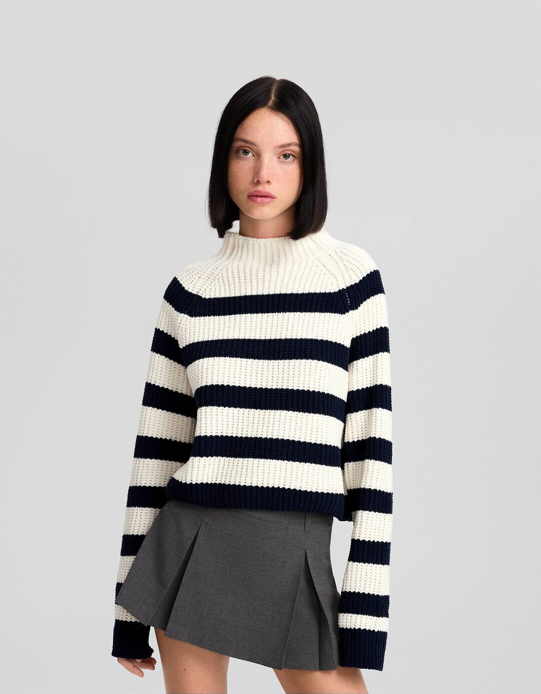 Striped high neck chenille sweater
