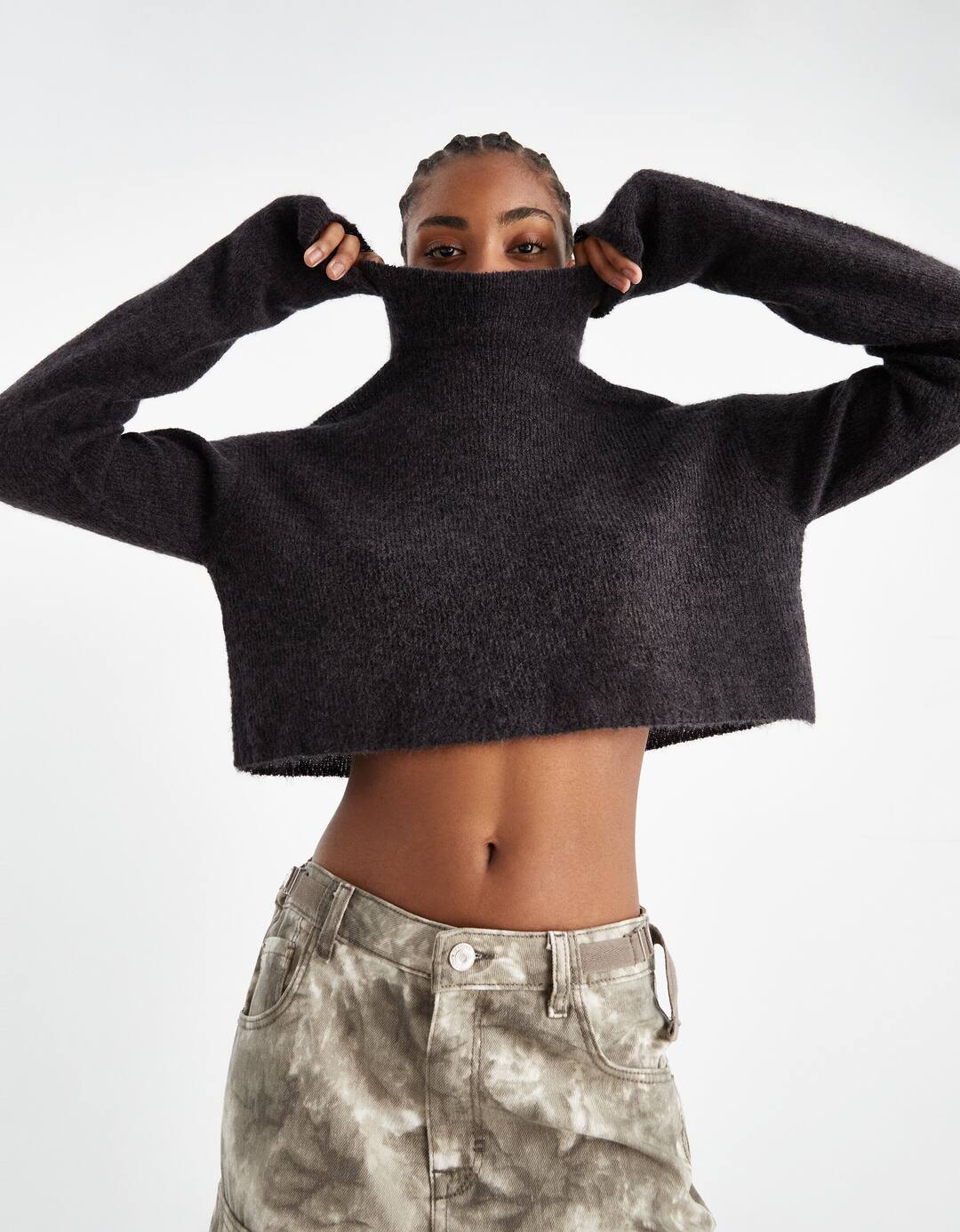 Sheer cropped high neck sweater