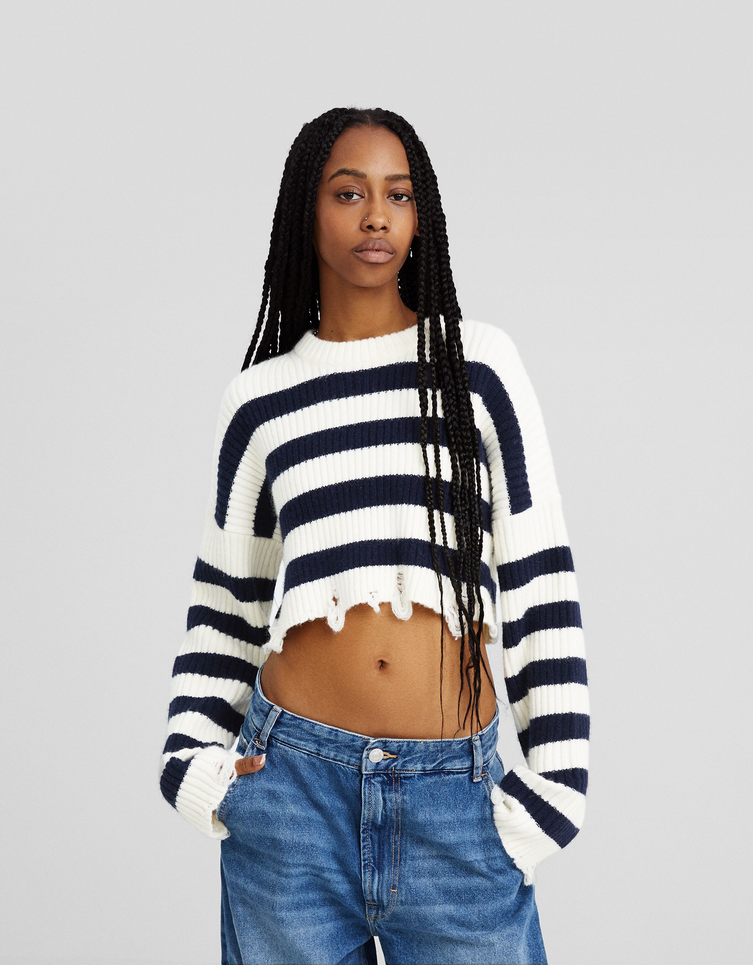 Gestreepte trui met scheur Dames Bershka