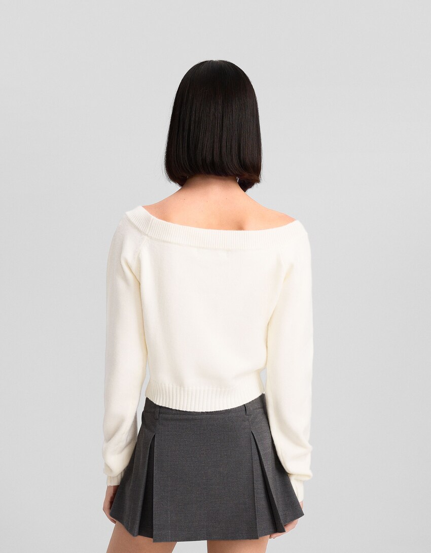 Maglia cropped scollo a v-Avorio-1