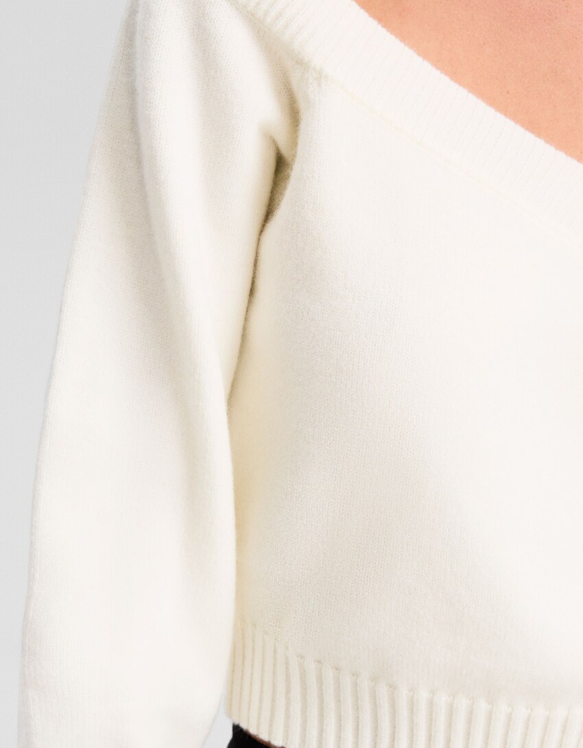 Maglia cropped scollo a v-Avorio-5
