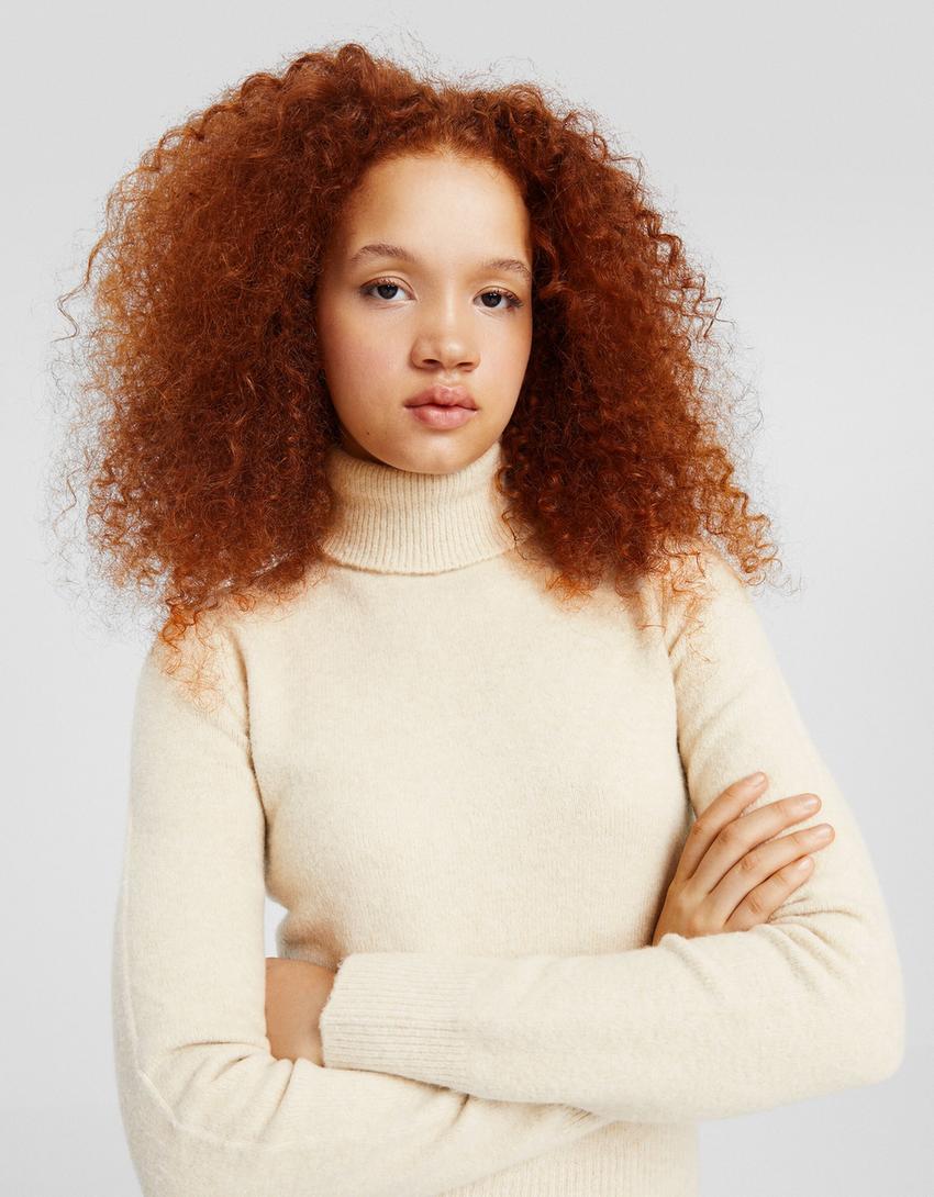 Camisola de malha com gola subida-Areia-2