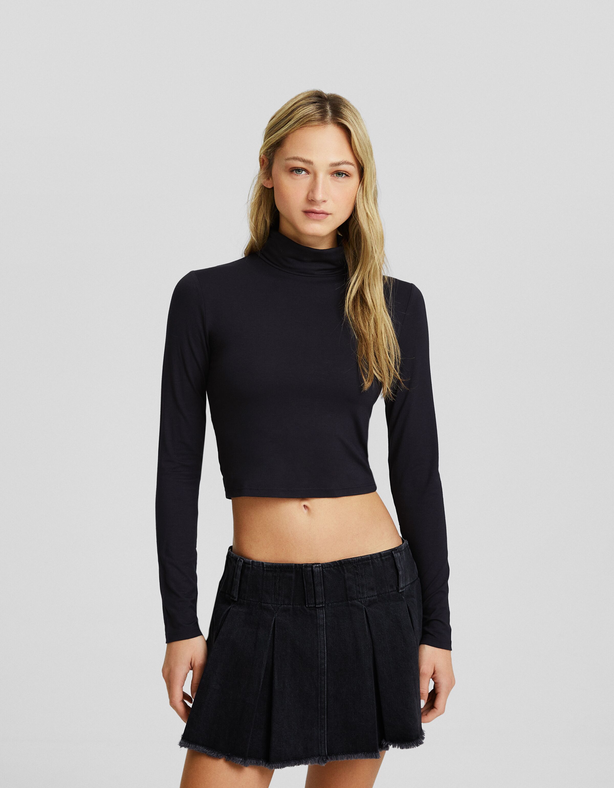 T-shirt manches longues col roulé-Noir-0