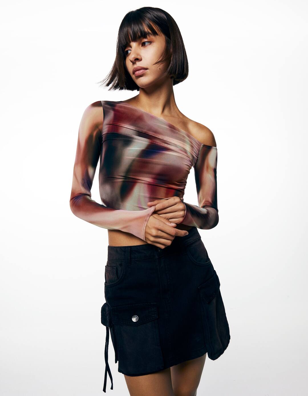 Long sleeve tulle print T-shirt