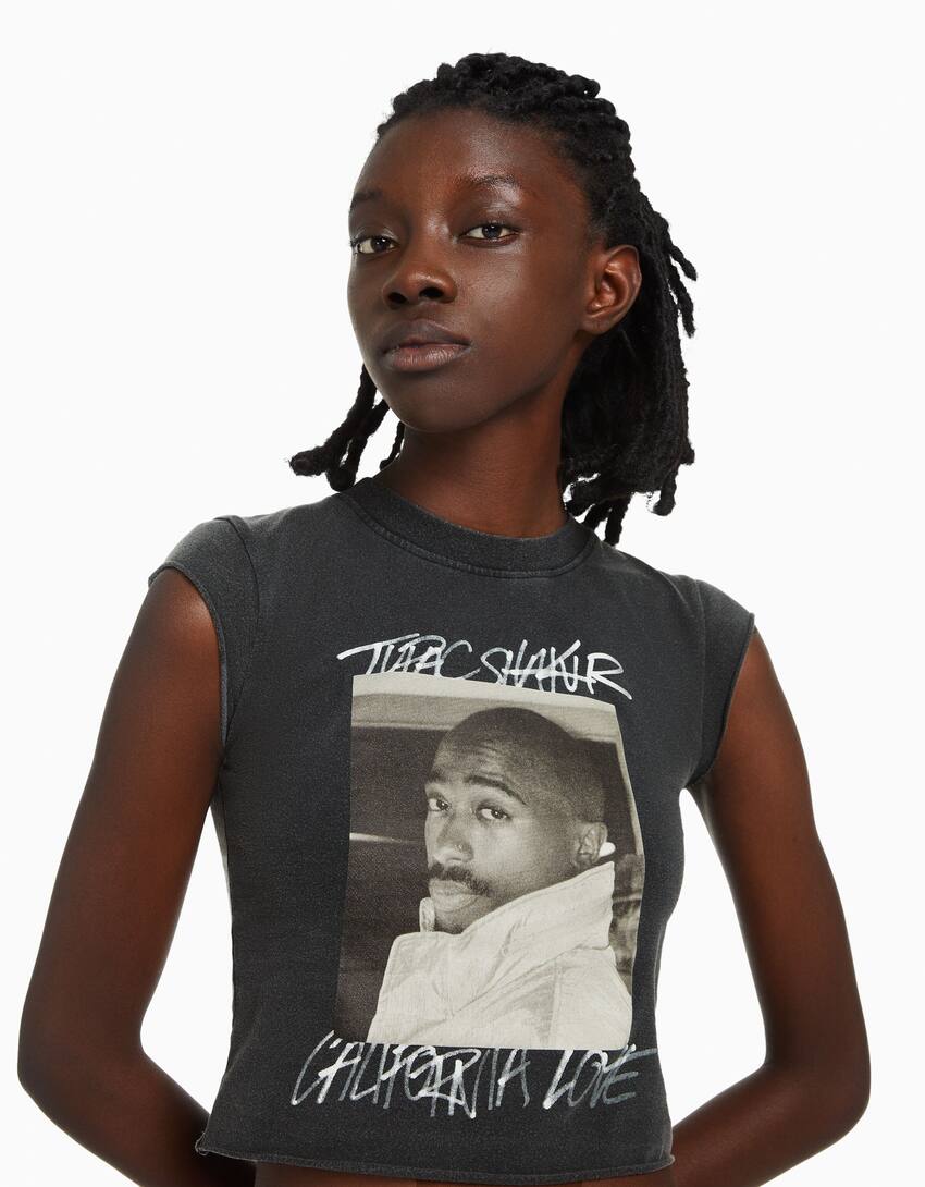 Tupac sleeveless cropped print T-shirt-Grey-2