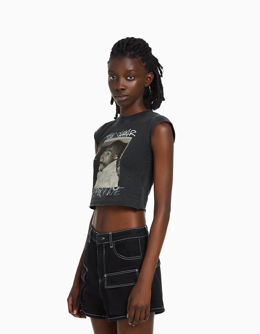 Tupac sleeveless cropped print T-shirt-Grey-0