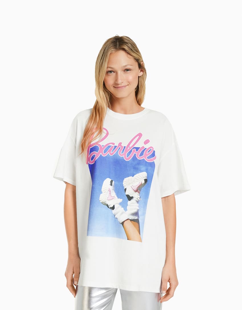 Barbie print short sleeve oversize T-shirt-White-0