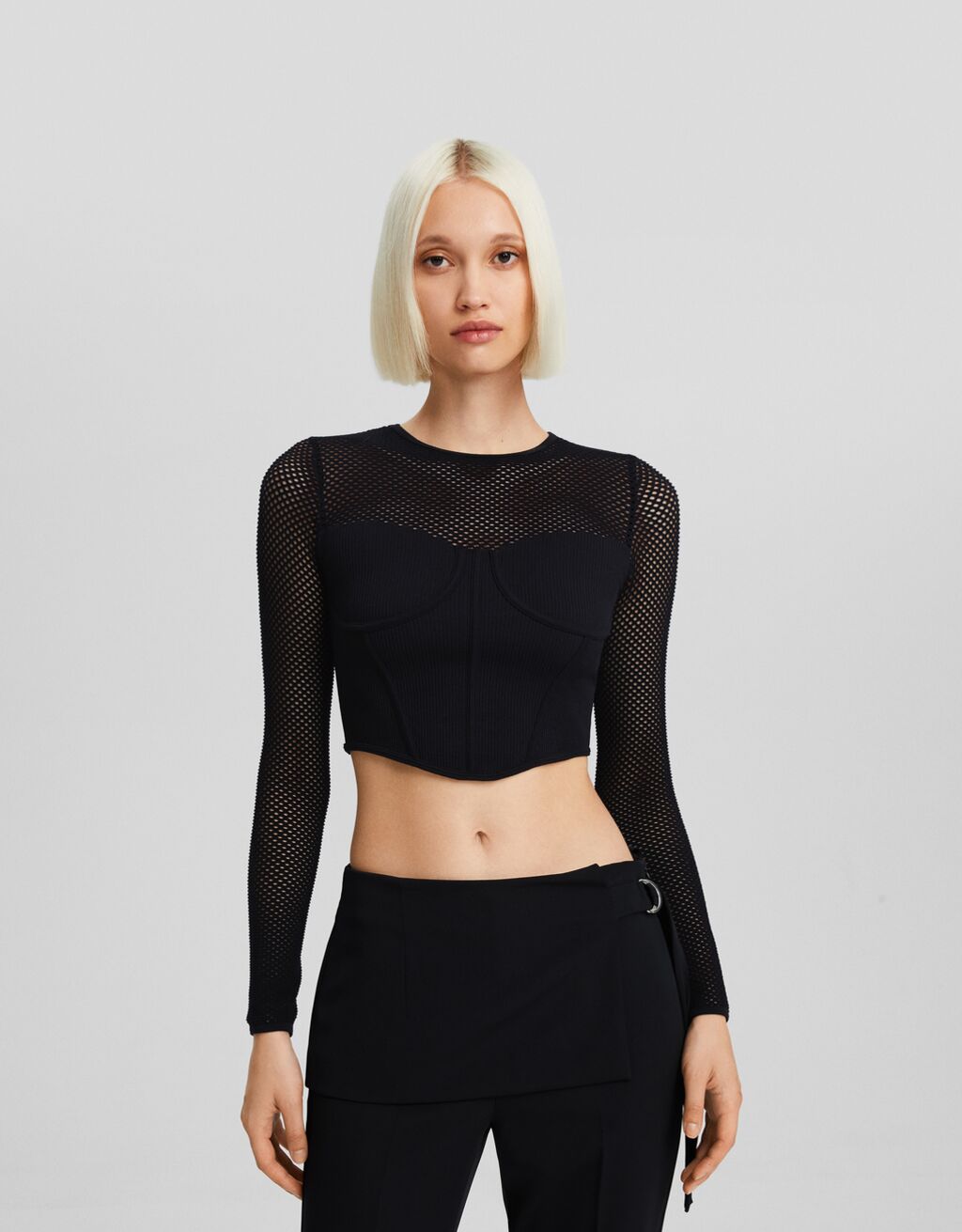 Seamless long sleeve mesh corset-style T-shirt