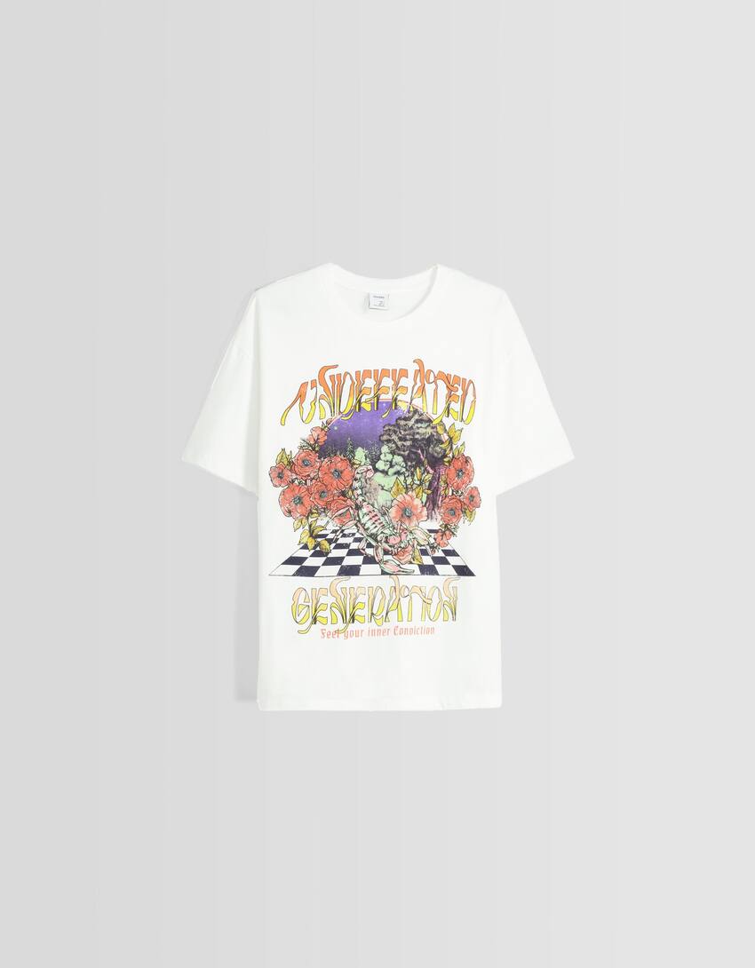 Floral print short sleeve T-shirt-Off white-4