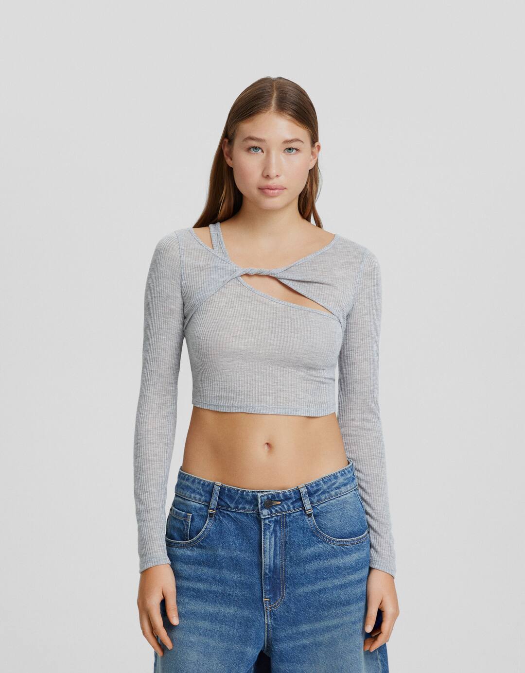 Ribbed long sleeve cut-out T-shirt with knot detail