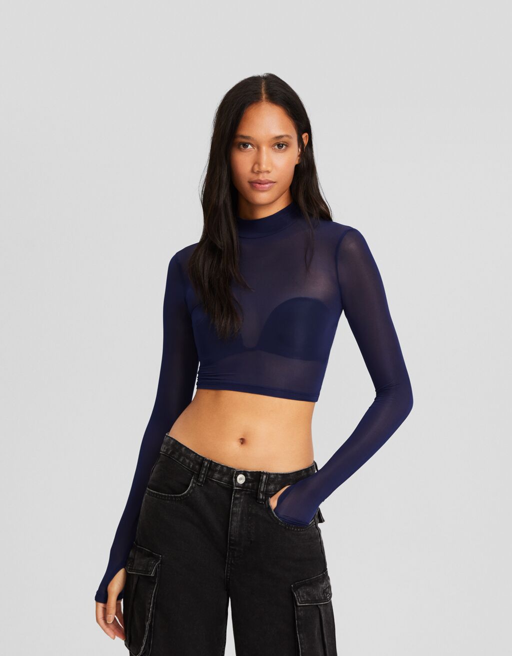 Sheer long sleeve T-shirt with a high neck - Women | Bershka