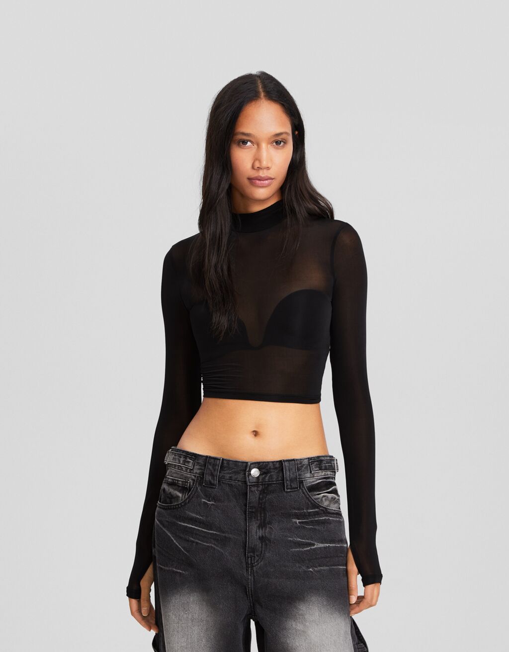 Sheer long sleeve T shirt with a high neck