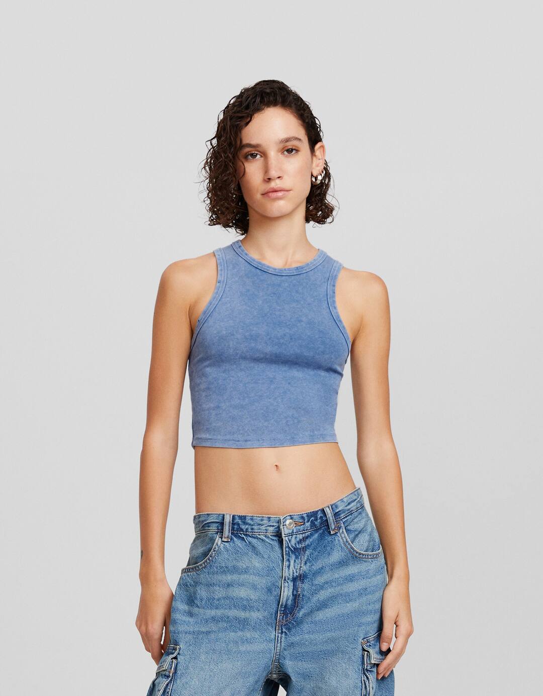 Faded-effect ripped sleeveless T-shirt