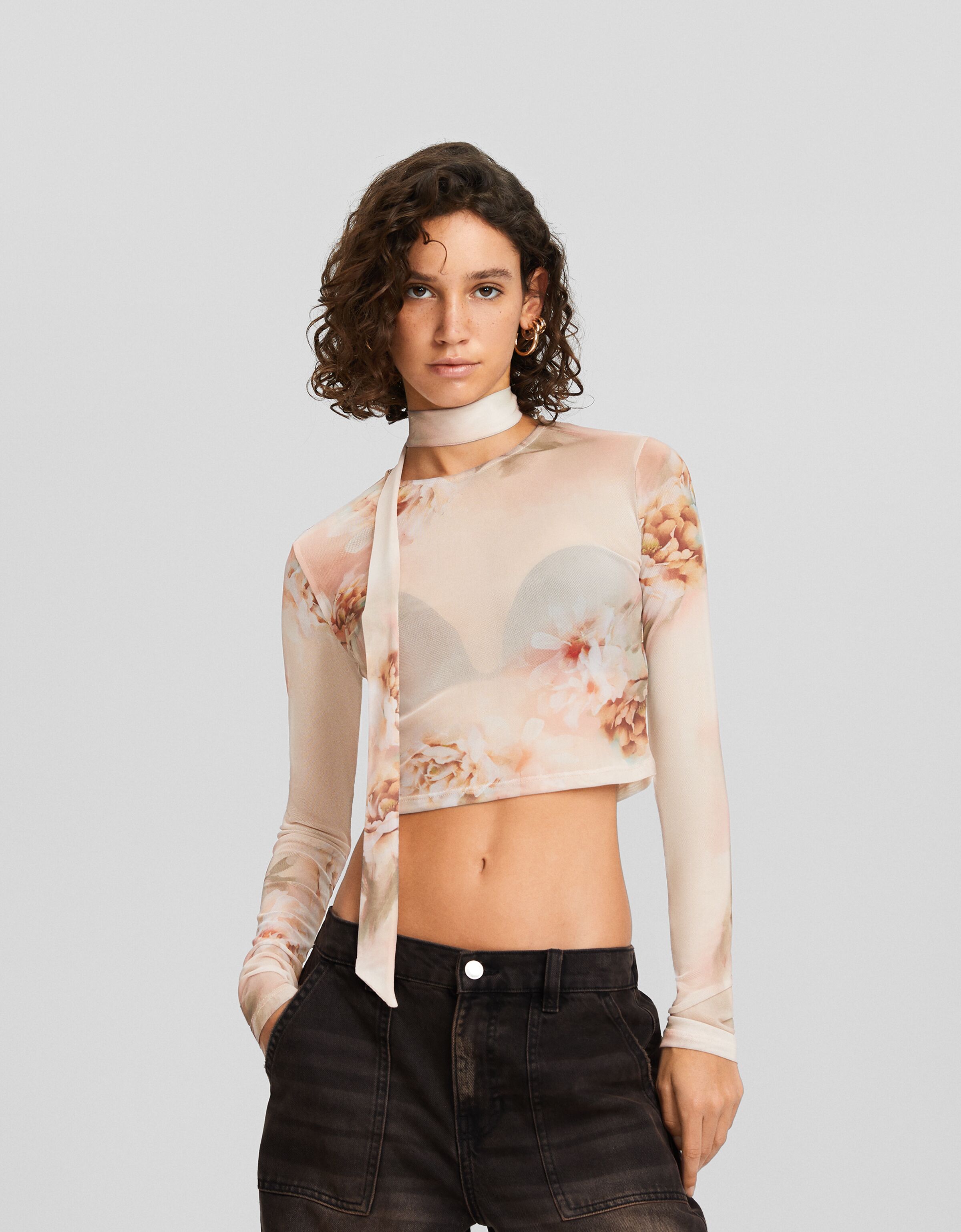 Long sleeve tulle T-shirt with a floral print and scarf - T-shirts