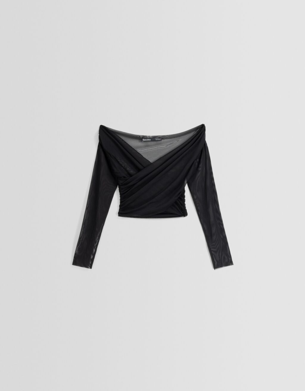 Long sleeve T-shirt with draped crossover tulle detail