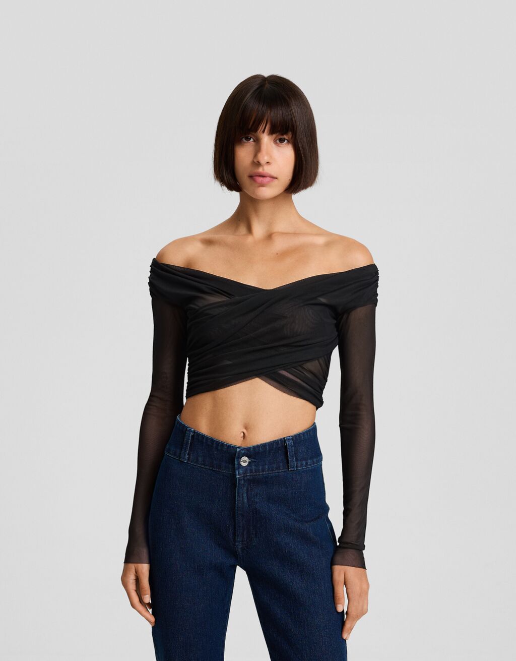 Long sleeve T-shirt with draped crossover tulle detail - Women | Bershka