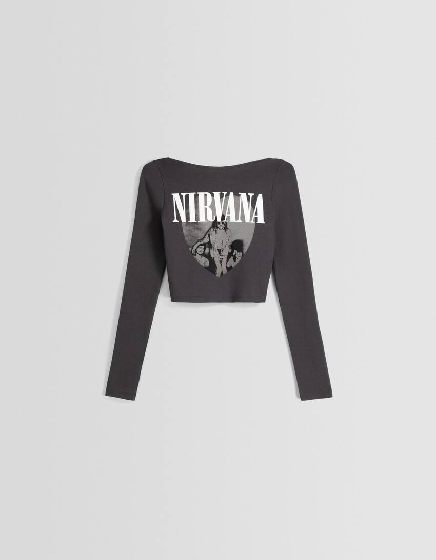 Nirvana T-shirt with long sleeves and open back with print-Dark grey-4