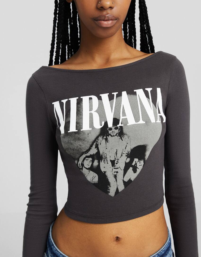 Nirvana T-shirt with long sleeves and open back with print-Dark grey-2