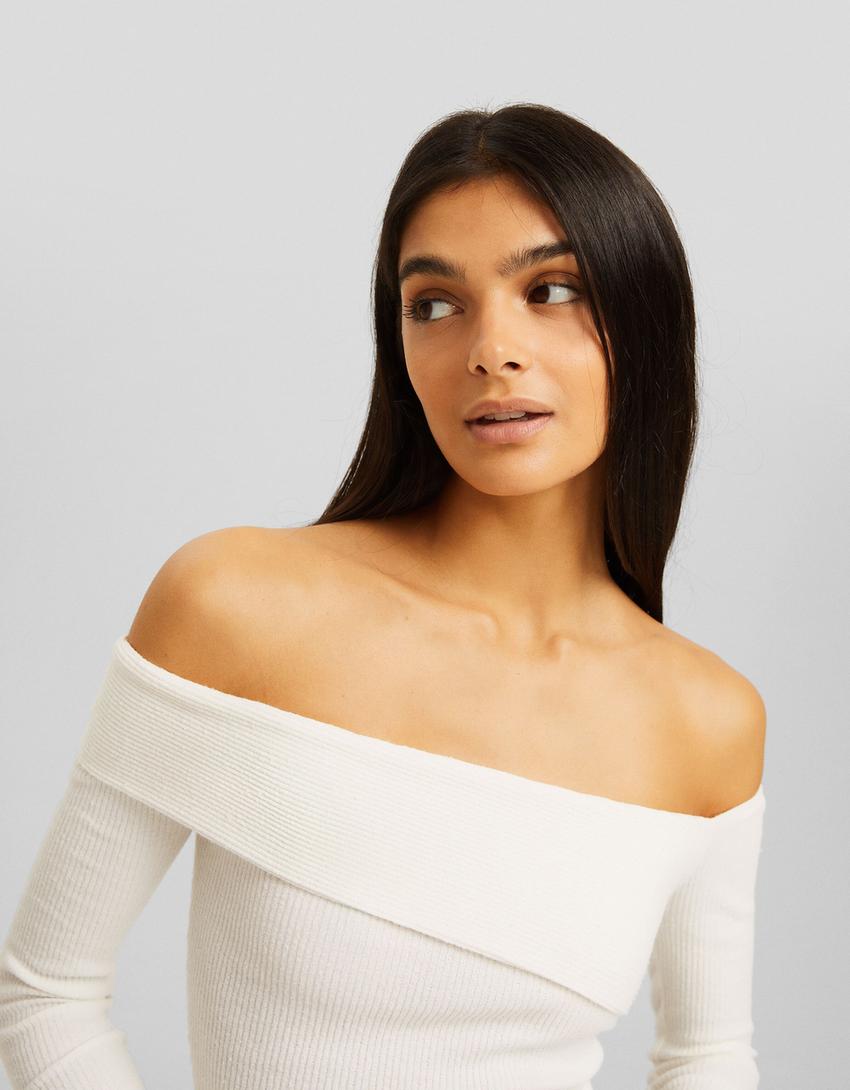 تيشرت باردو محاك غير متماثل بأكمام طويلة-كريمي-2