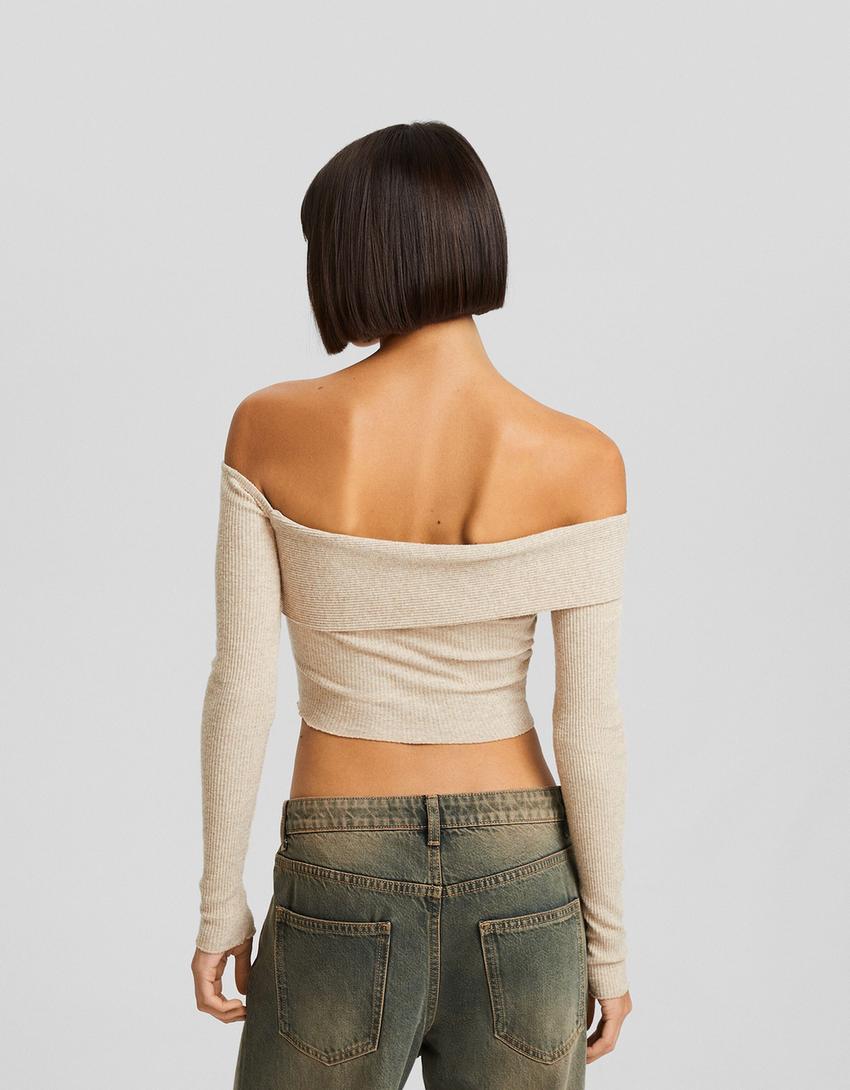 تيشرت باردو محاك غير متماثل بأكمام طويلة-جملي-1