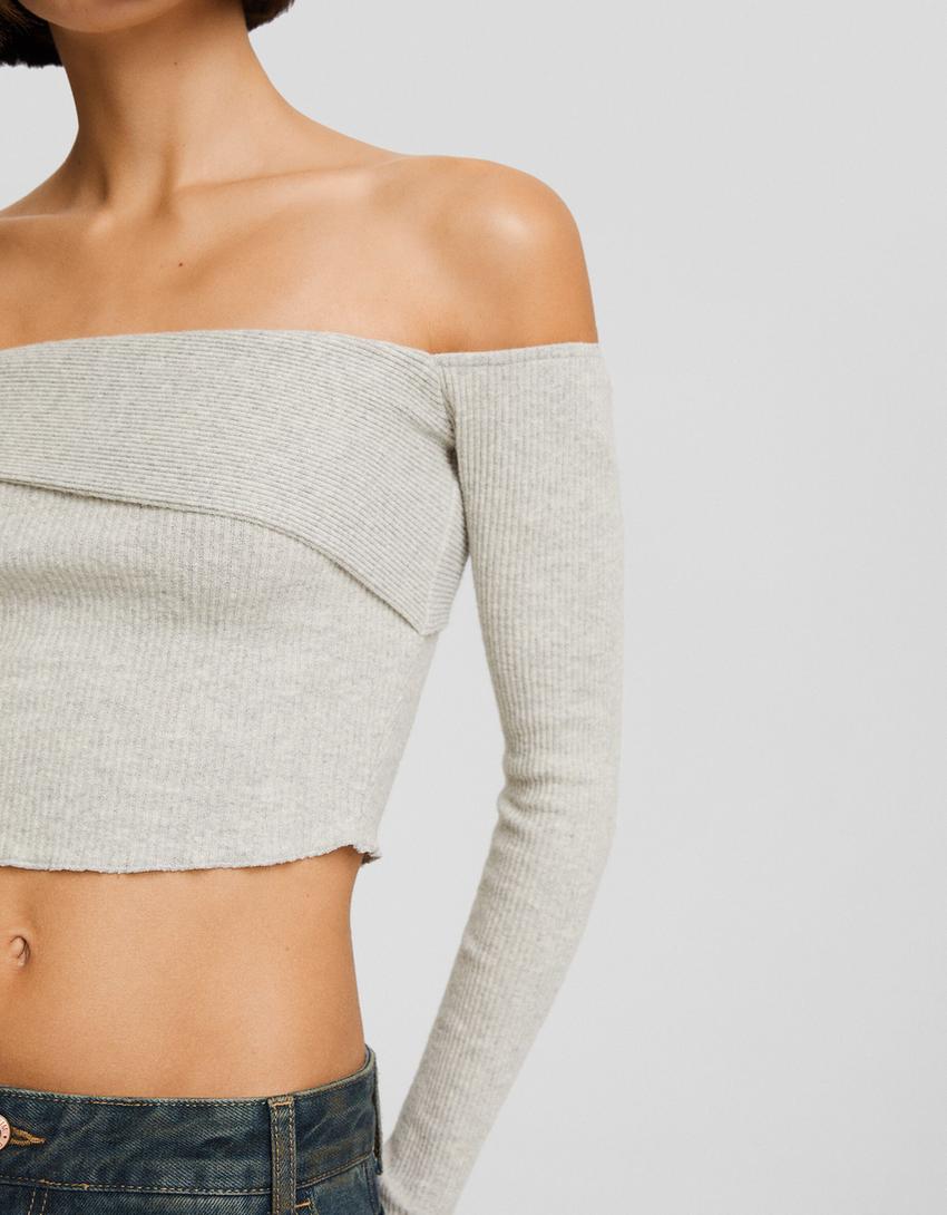 تيشرت باردو محاك غير متماثل بأكمام طويلة-رمادي-2