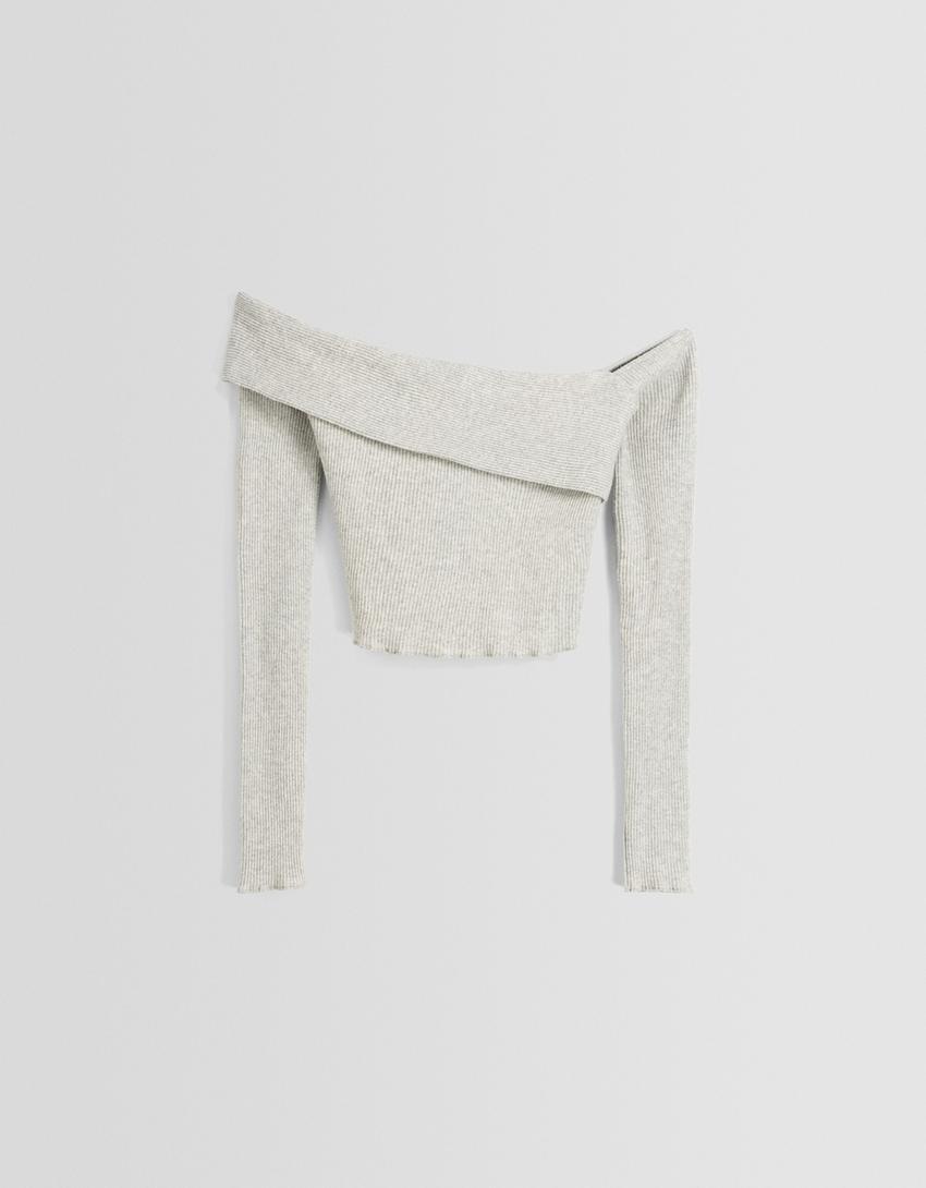 تيشرت باردو محاك غير متماثل بأكمام طويلة-رمادي-4