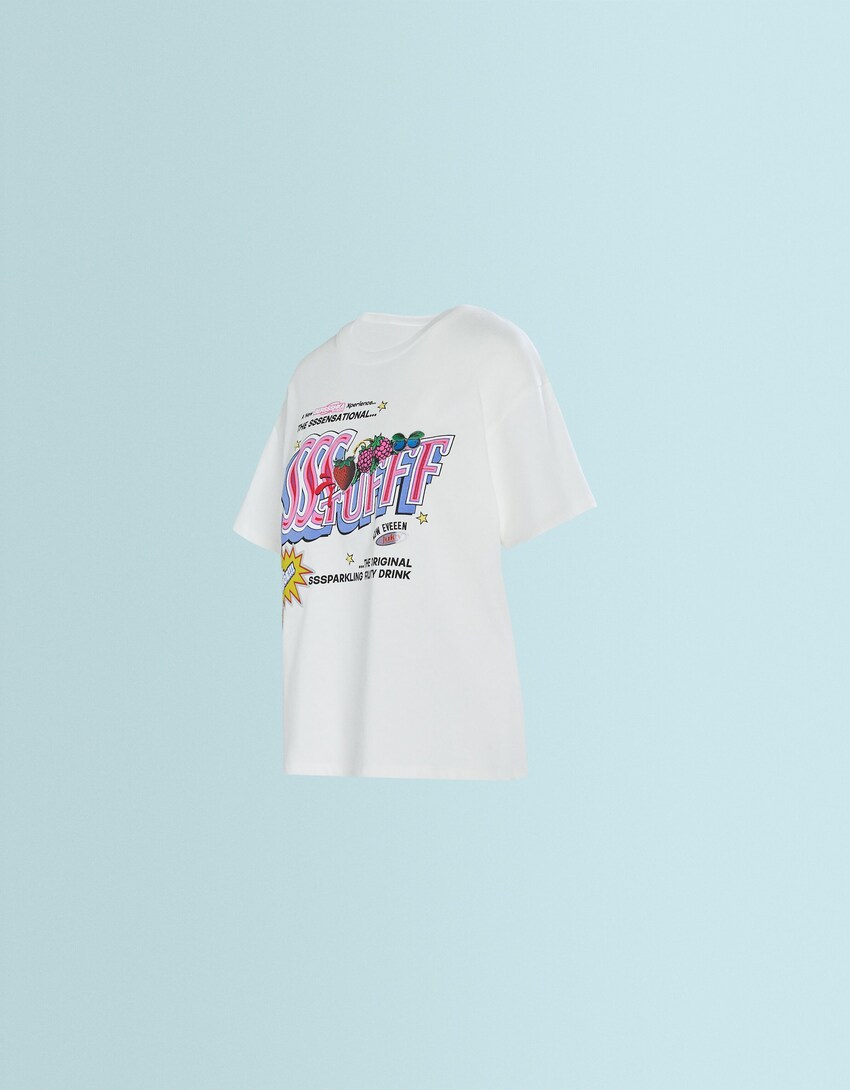 SSSTUFFF X BERSHKA short sleeve oversize multi-texture print T-shirt-Off white-1