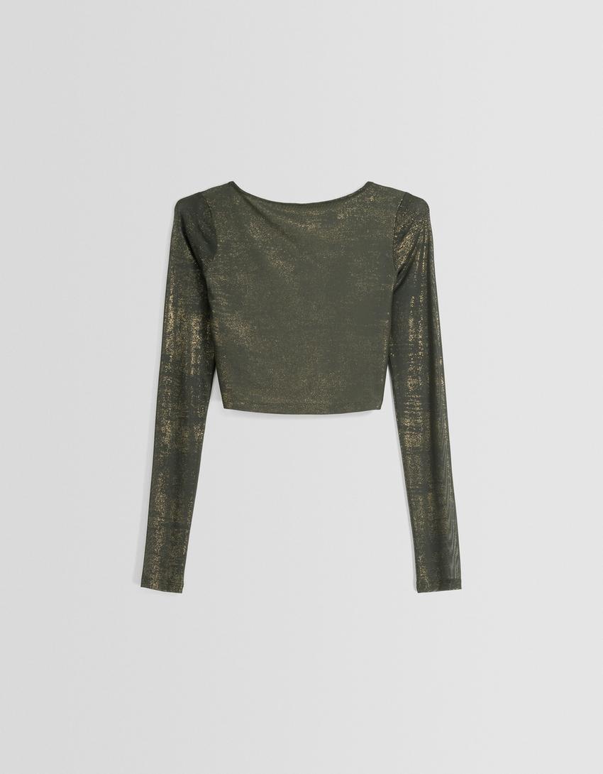 تيشرت ممعدن وأكمام طويلة وفتحة في الخلف-كاكي-4