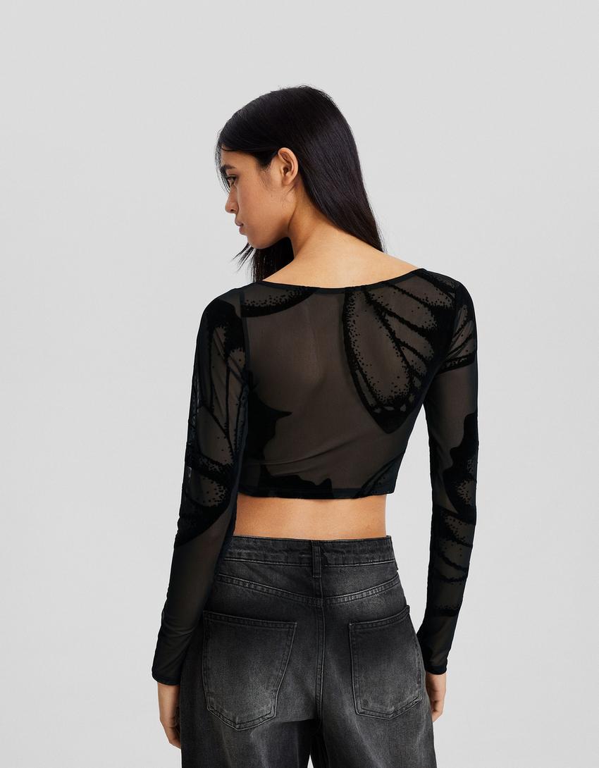 تيشرت بطبعة وزمة جانبية وأكمام طويلة-أسود-1